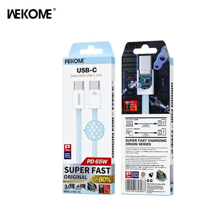 Καλώδιο Φόρτισης WK WDC-21 USB-C σε USB-C PD 65W 1m Μπλέ