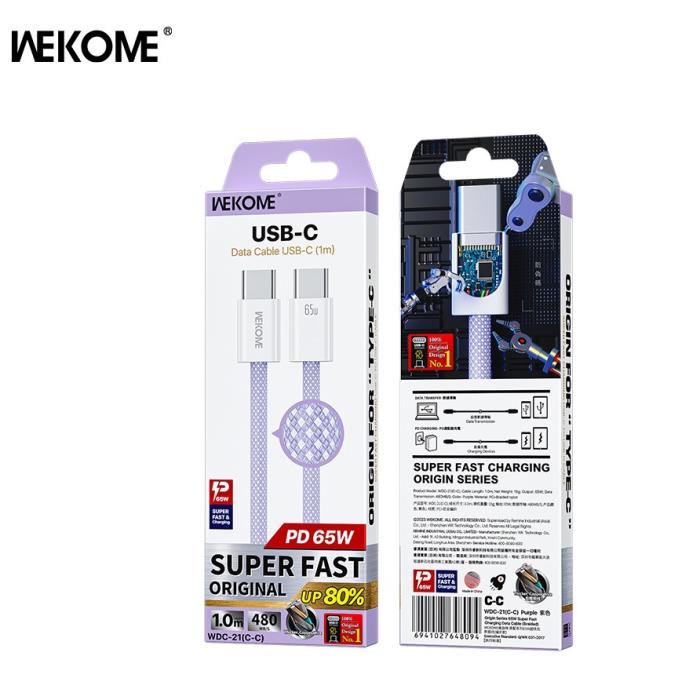 Καλώδιο Φόρτισης WK WDC-21 USB-C σε USB-C PD 65W 1m Μώβ