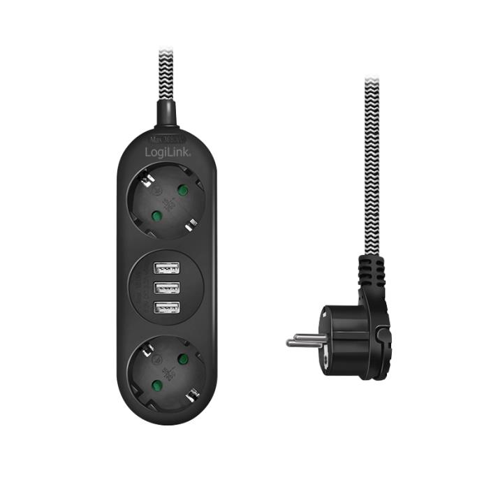 Πολύπριζο 2 Θέσεων LogiLink LPS262U, με 3 Θύρες USB 1.5m Μαύρο