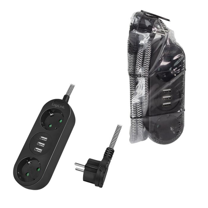 Πολύπριζο 2 Θέσεων LogiLink LPS262U, με 3 Θύρες USB 1.5m Μαύρο