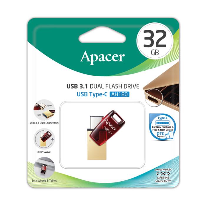 USB Stick Apacer AH180 32GB USB 3.1 Gen 1/USB-C Κόκκινο