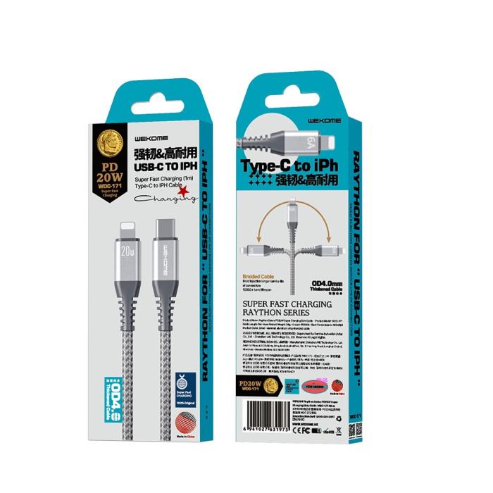 Καλώδιο Φόρτισης WK WDC-171 USB-C σε Lightning PD 20W 1m Ασημί