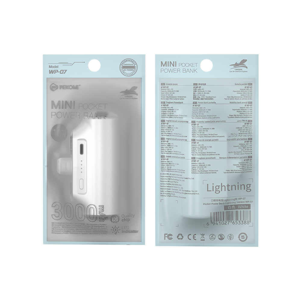 Power Bank 3000mAh 10W WK WP-07 Lightning 1 Θέσης Λευκό