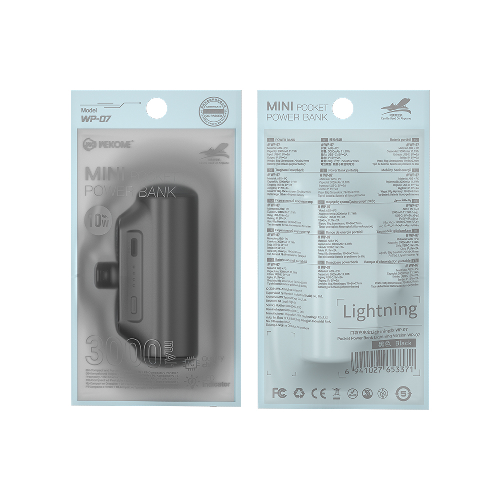 Power Bank 3000mAh 10W WK WP-07 Lightning 1 Θέσης Μαύρο