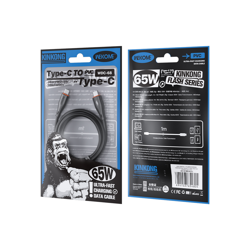 Καλώδιο Φόρτισης WK WDC-68 USB-C σε USB-C PD 65W 1m Μαύρο