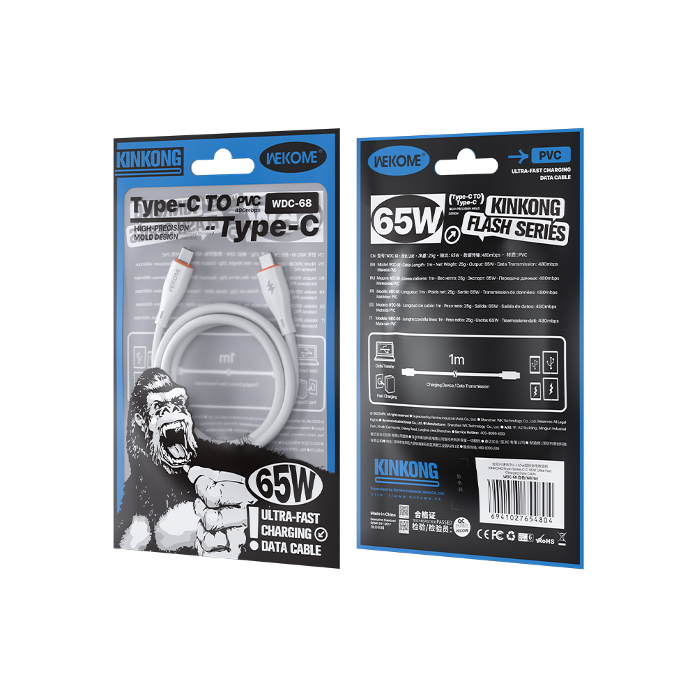 Καλώδιο Φόρτισης WK WDC-68 USB-C σε USB-C PD 65W 1m Λευκό