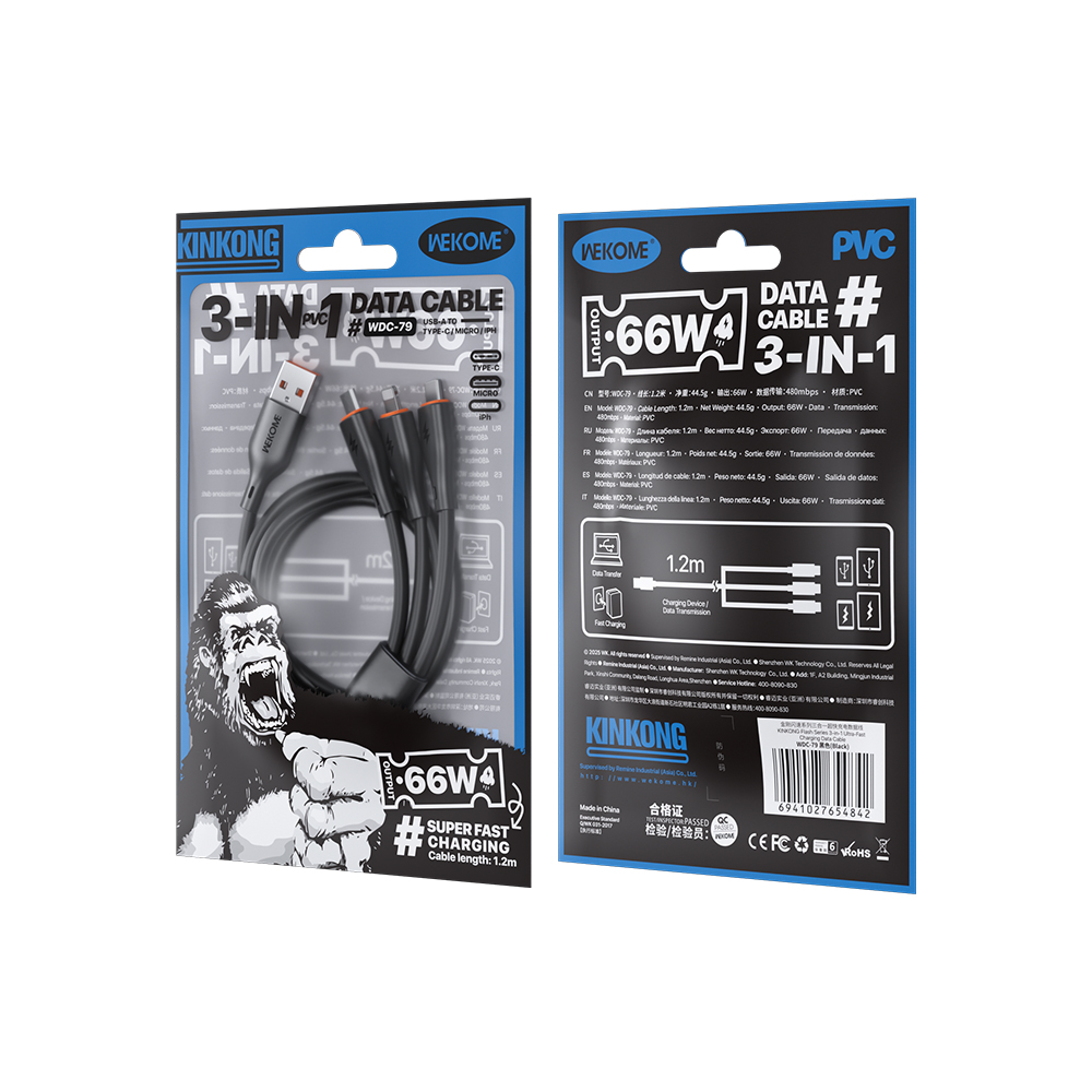 Καλώδιο Φόρτισης WK WDC-79 3 σε 1 PD 66W 1.2m Μαύρο