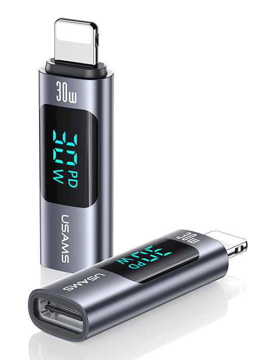 USAMS αντάπτορας Lightning σε USB-C US-SJ681 με οθόνη, 30W, γκρι
