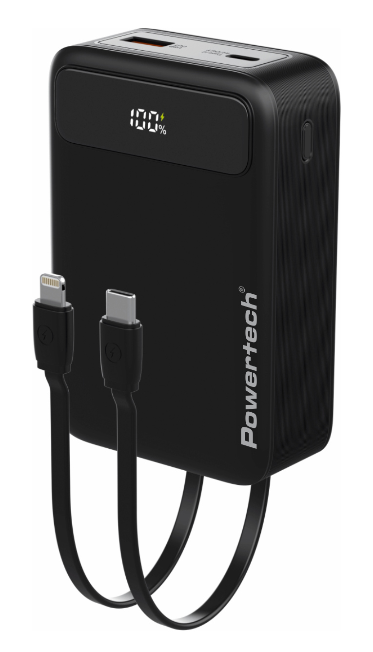 POWERTECH power bank PT-1504 με καλώδια & οθόνη, 20000mah, 22.5W, μαύρο