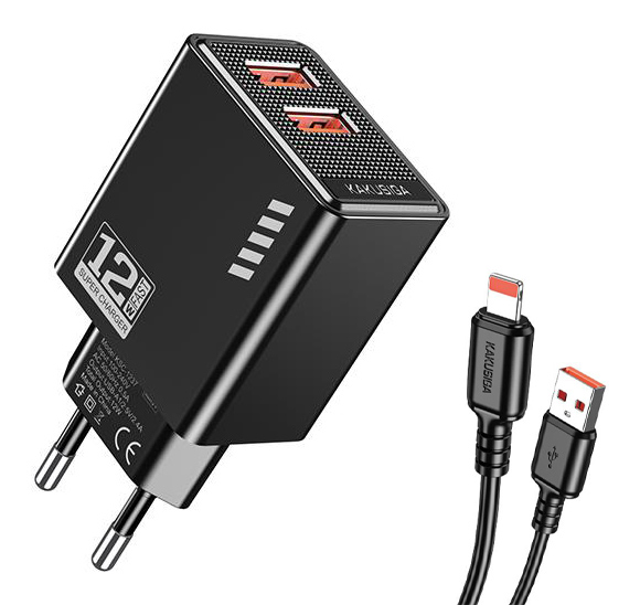 KAKUSIGA φορτιστής τοίχου KSC-1238 με καλώδιο Lightning, 2x USB, 12W, μαύρος