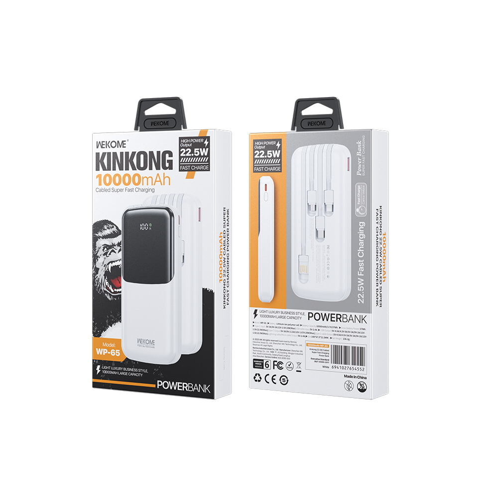 Power Bank 10000mAh PD 22,5W WK WP-65 2 Θέσεων, με καλώδιο USB-C/Lightning/Micro/USB Λευκό