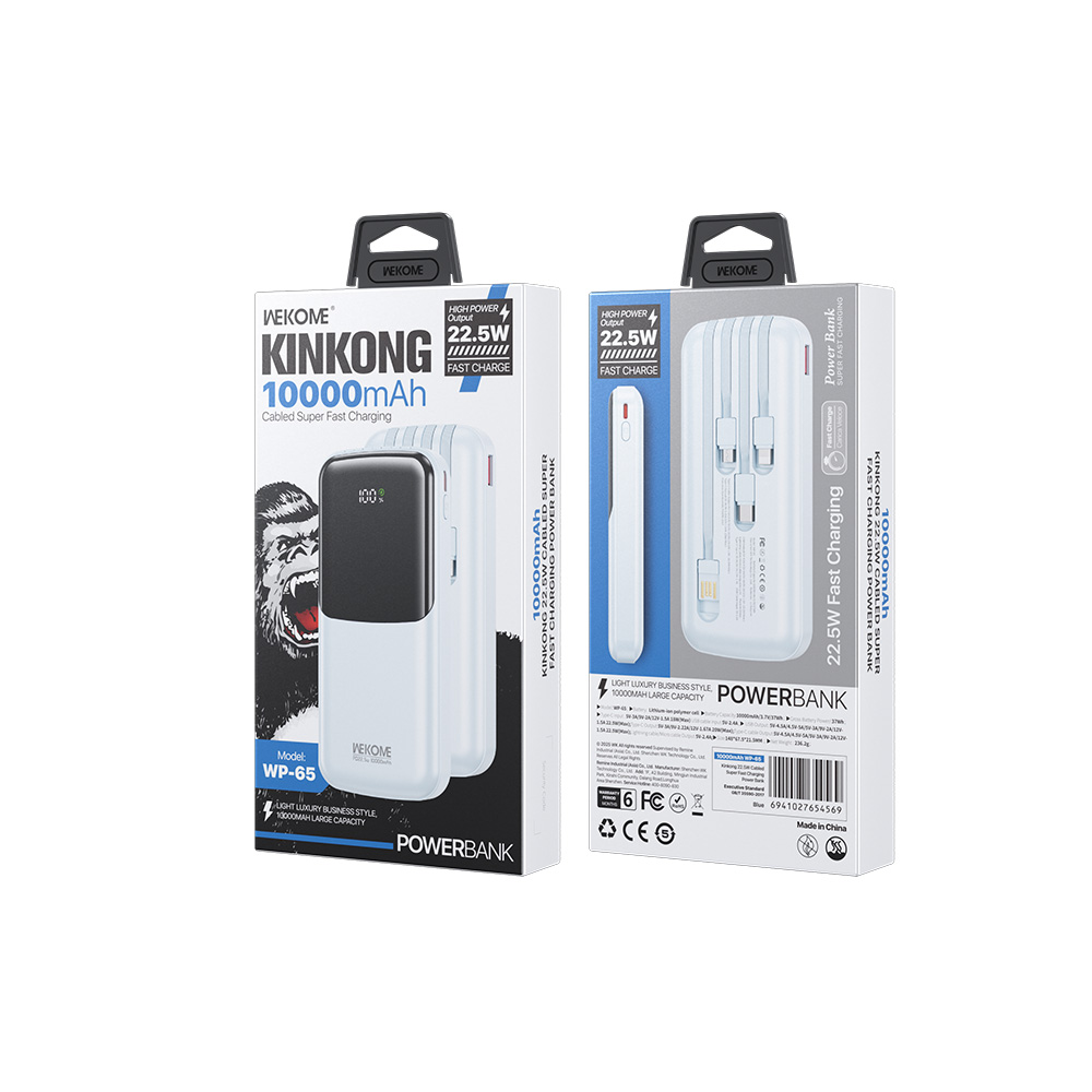 Power Bank 10000mAh PD 22,5W WK WP-65 2 Θέσεων, με καλώδιο USB-C/Lightning/Micro/USB Μπλέ