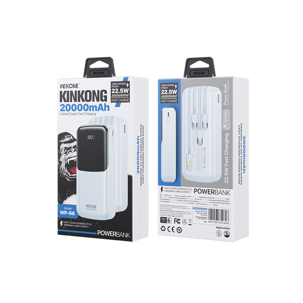 Power Bank 20000mAh PD 22,5W WK WP-66 2 Θέσεων, με καλώδιο USB-C/Lightning/Micro/USB Μπλέ
