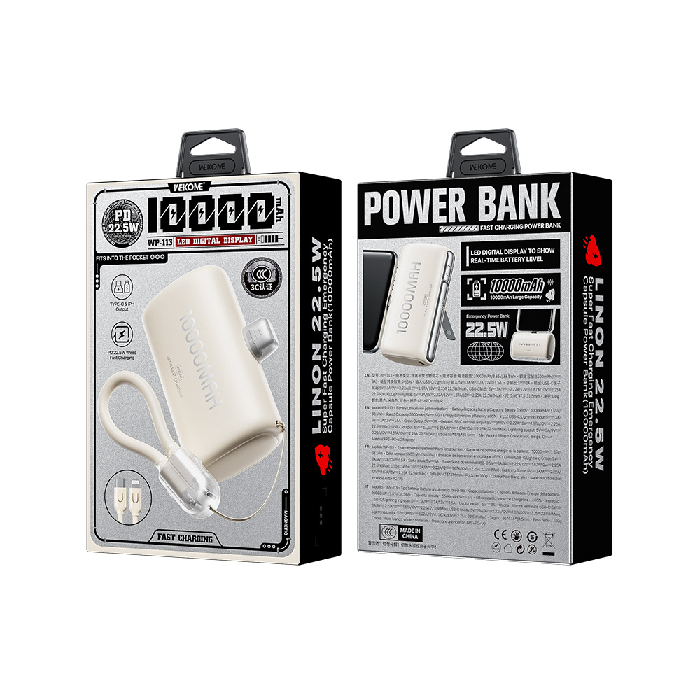 Power Bank 10000mAh PD 22,5W WK WP-113 2 Θέσεων, με καλώδιο USB-C/Lightning Μπέζ