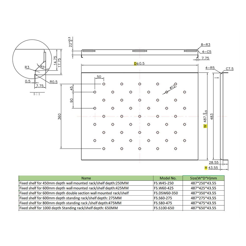 Σταθερό Ράφι Power On FS.DSW60-350 για Επιτοίχια Καμπίνα Double Section Βάθους 600mm