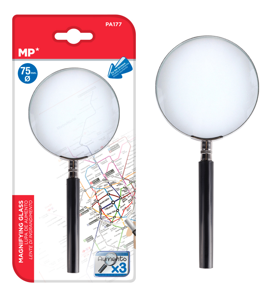 MP μεγεθυντικός φακός PA177, x3, 75mm, μεταλλικός με γυάλινο φακό, μαύρος/ασημί