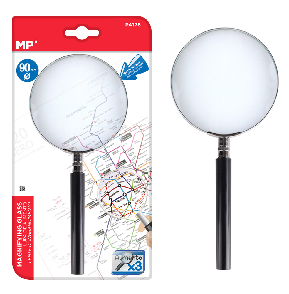 MP μεγεθυντικός φακός PA178, x3, 90mm, μεταλλικός με γυάλινο φακό, μαύρος/ασημί
