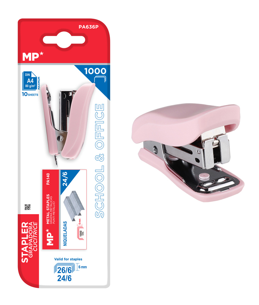 MP mini συρραπτικό PA636P με ανταλλακτικά, 24/6 - 26/6, 10 φύλλα, ροζ