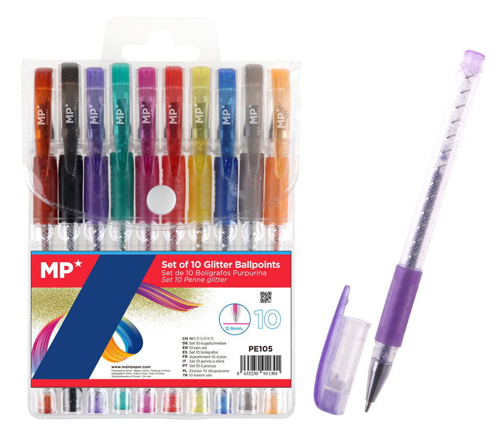MP σετ στυλό διαρκείας ballpoint PE105 με glitter, 0.9mm, διάφορα χρώματα, 10τμχ