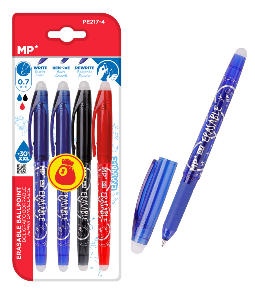 MP σετ στυλό διαρκείας PE217-4, erasable, 0.7mm, διάφορα χρώματα, 4τμχ