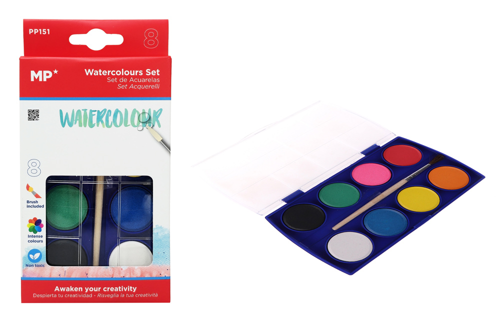 MP σετ νερομπογιές PP151 με πινέλο & κασετίνα, 8 χρώματα