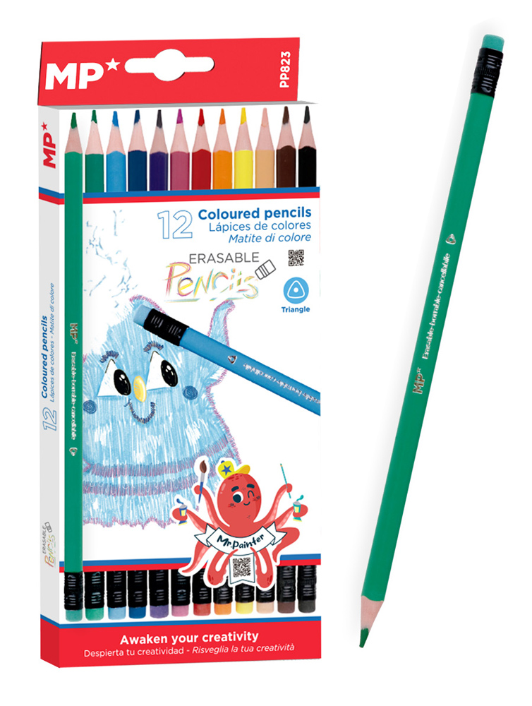 MP χρωματιστές ξυλομπογιές PP823 με γόμα, τρίγωνες, 12τμχ