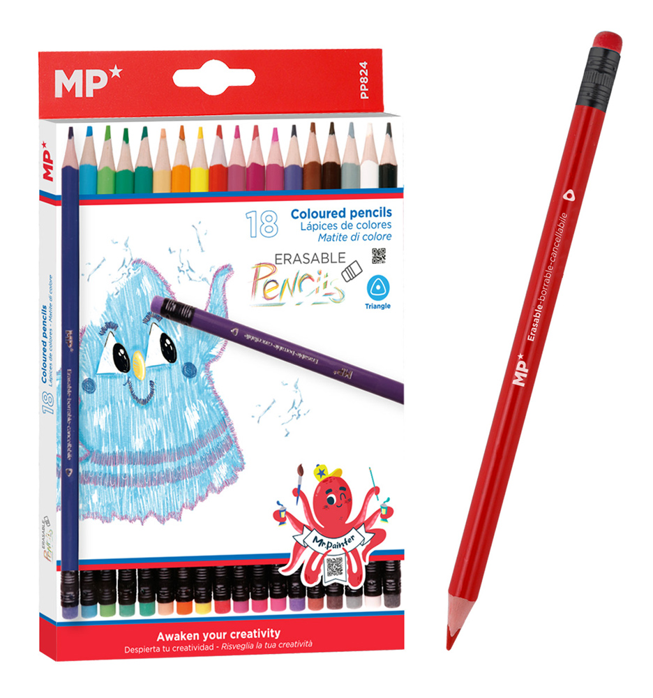 MP χρωματιστές ξυλομπογιές PP824 με γόμα, τρίγωνες, 18τμχ