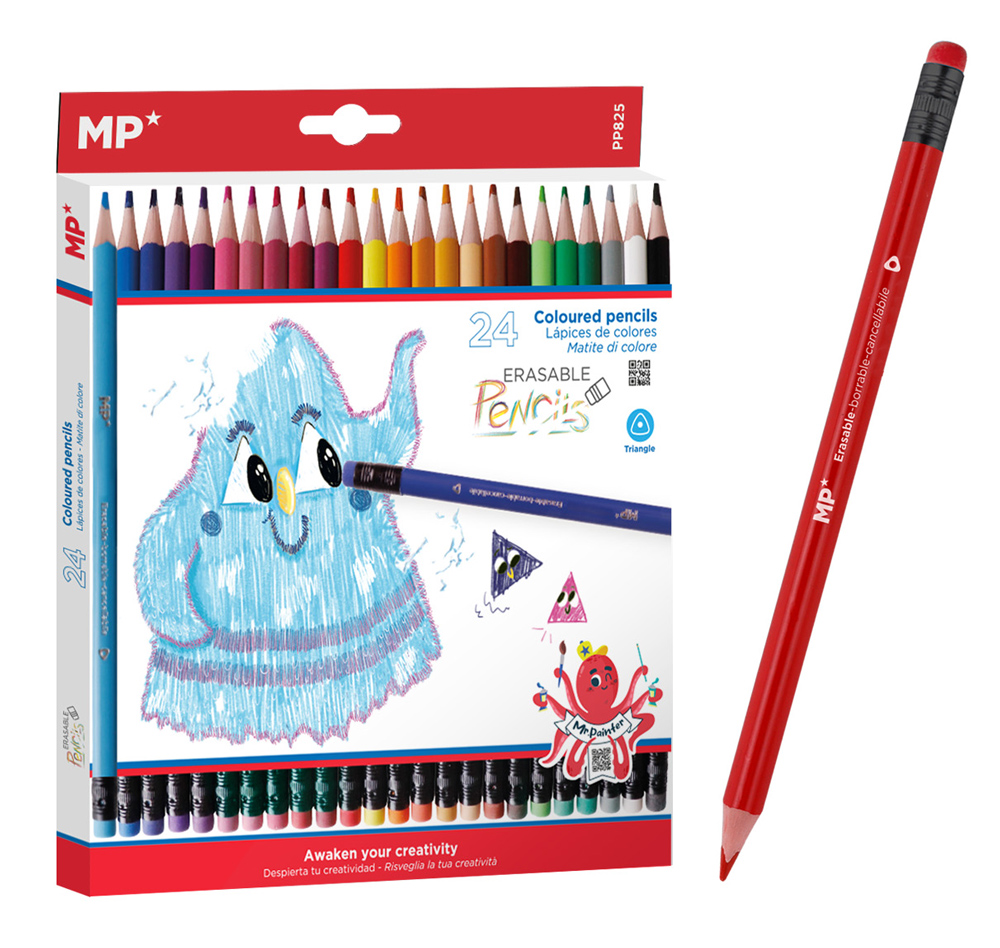 MP χρωματιστές ξυλομπογιές PP825 με γόμα, τρίγωνες, 24τμχ