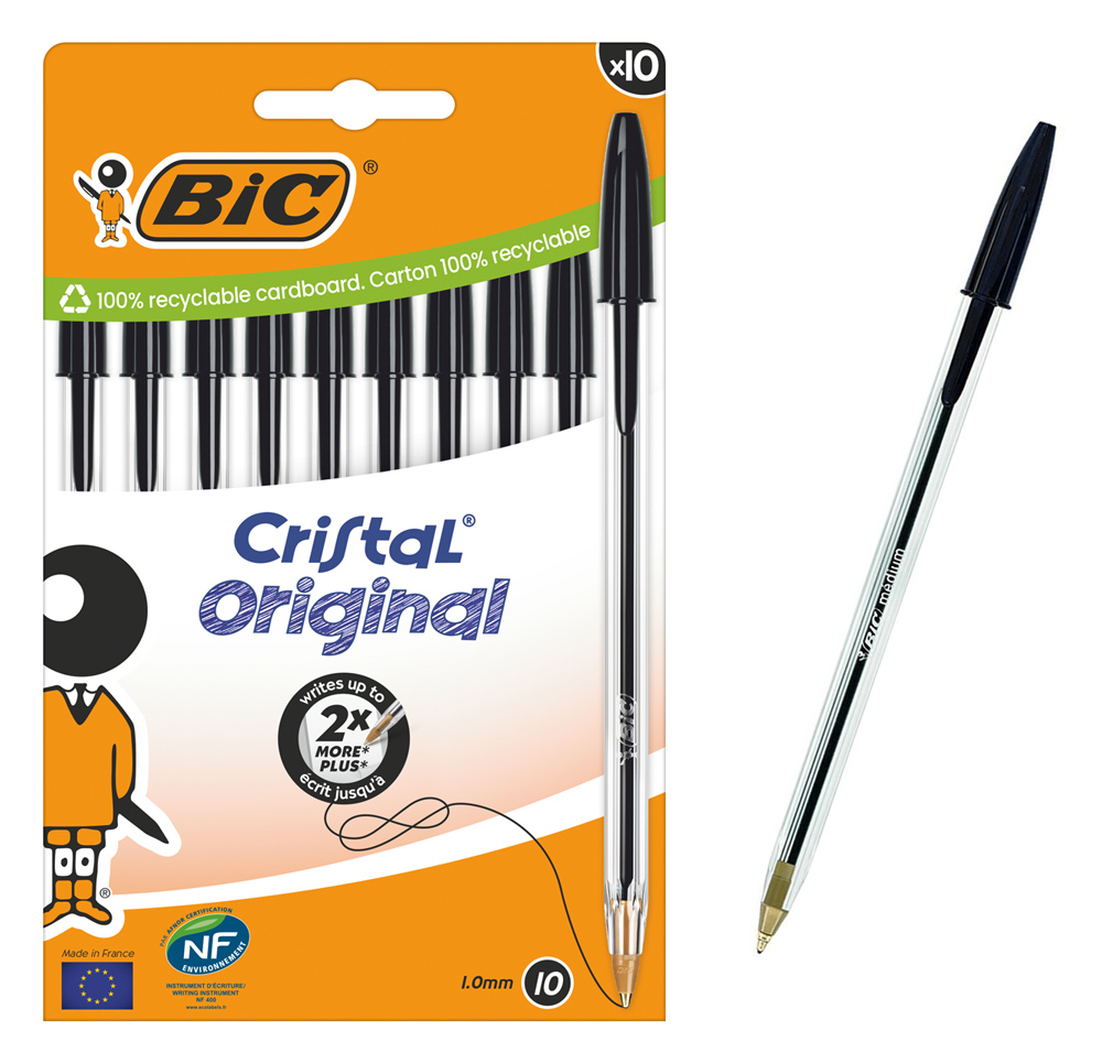 BIC στυλό διαρκείας ballpoint Cristal Original, 1.0mm μύτη, μαύρο, 10τμχ