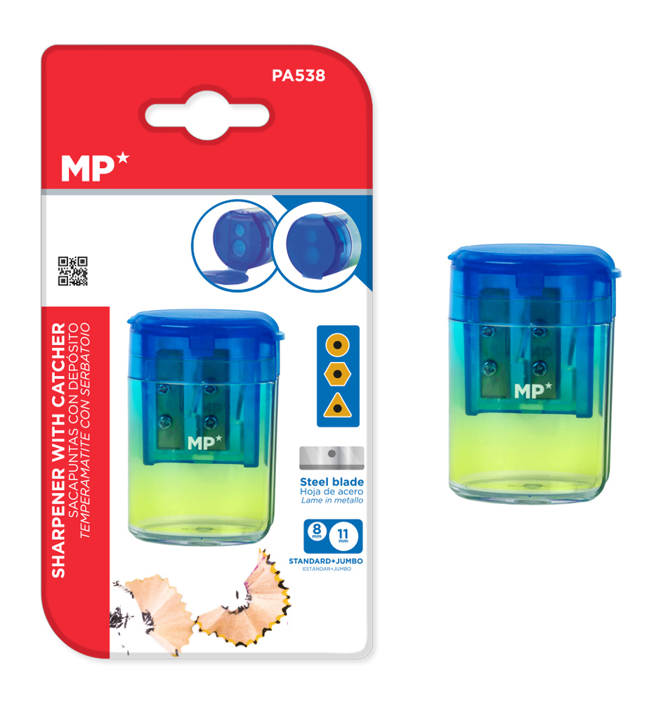 MP ξύστρα μολυβιών με κάδο PA538, 4.2x6cm, μπλε/πράσινη