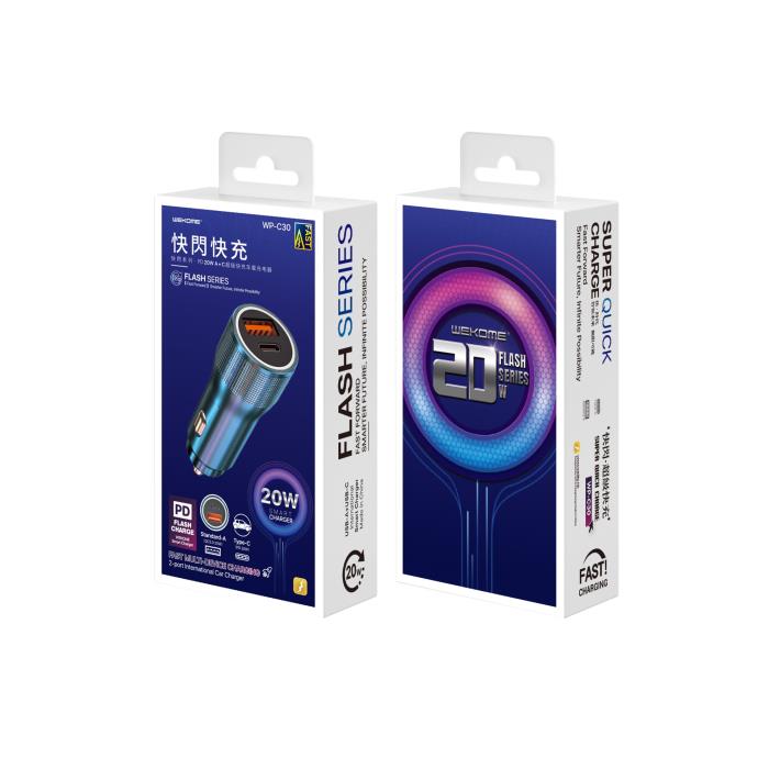 Car Charger WK 20W PD+USB QC3.0 Blue WP-C30