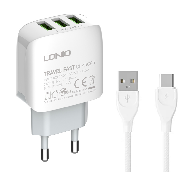 LDNIO φορτιστής τοίχου A3312 με καλώδιο USB-C, 3x USB, 17W, λευκός