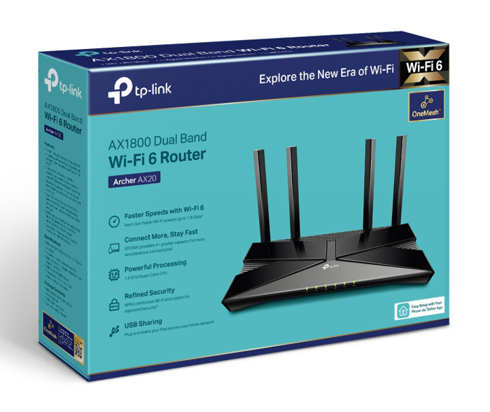 TP-LINK router Archer AX20, Wi-Fi 6, 1800Mbps AC1800, Ver. 1.0