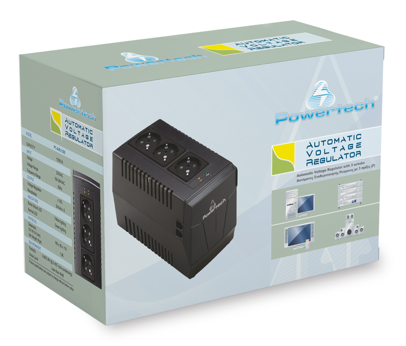 POWERTECH σταθεροποιητής ρεύματος PT-AVR-1500, 1500VA, 3x έξοδοι πρίζας