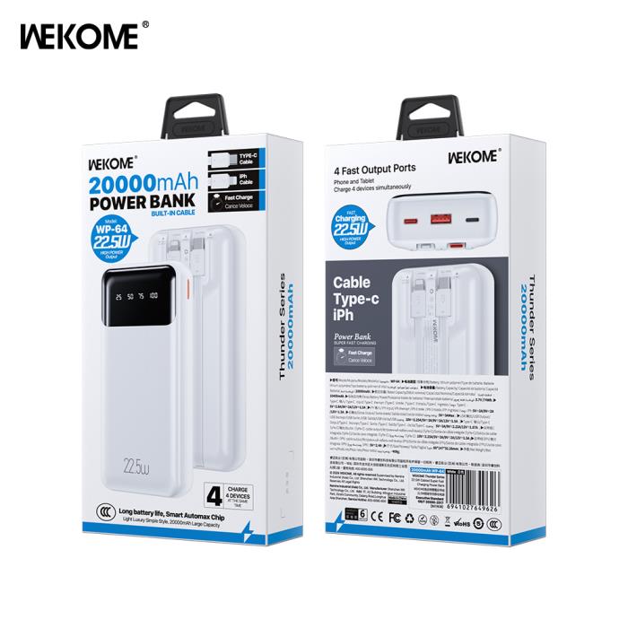Power Bank WK 20000mAh 22,5W PDx1 & QC3.0x1 White WP-64