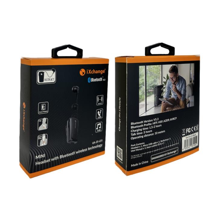 Retractable BT Mini Headset UA25 V2.0 Black iXchange